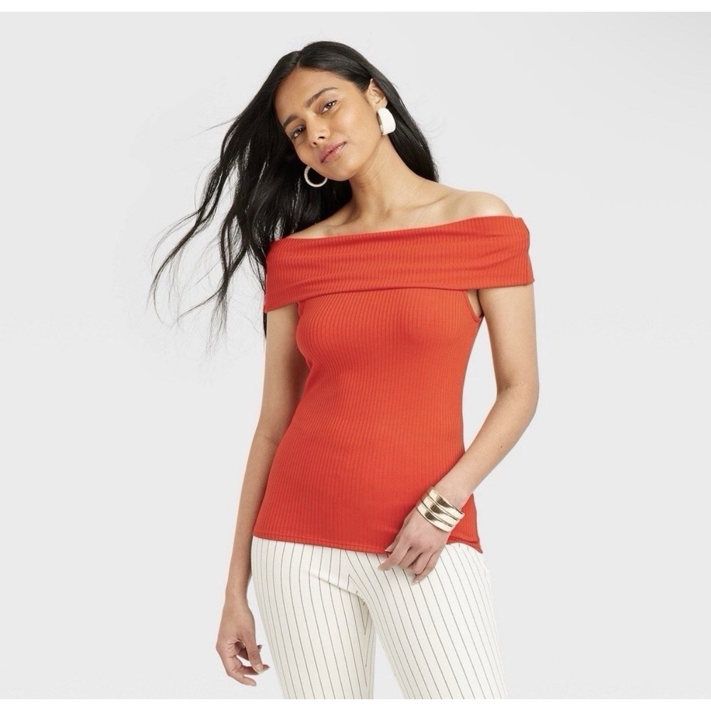 Women's Bright Red Off The Shoulder Ribbed Top Size Small